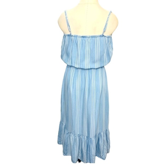 BB Dakota Midi Dress L Chambray Blue White Stripes Tencel Prairie Ruffle Hem - Picture 3 of 11